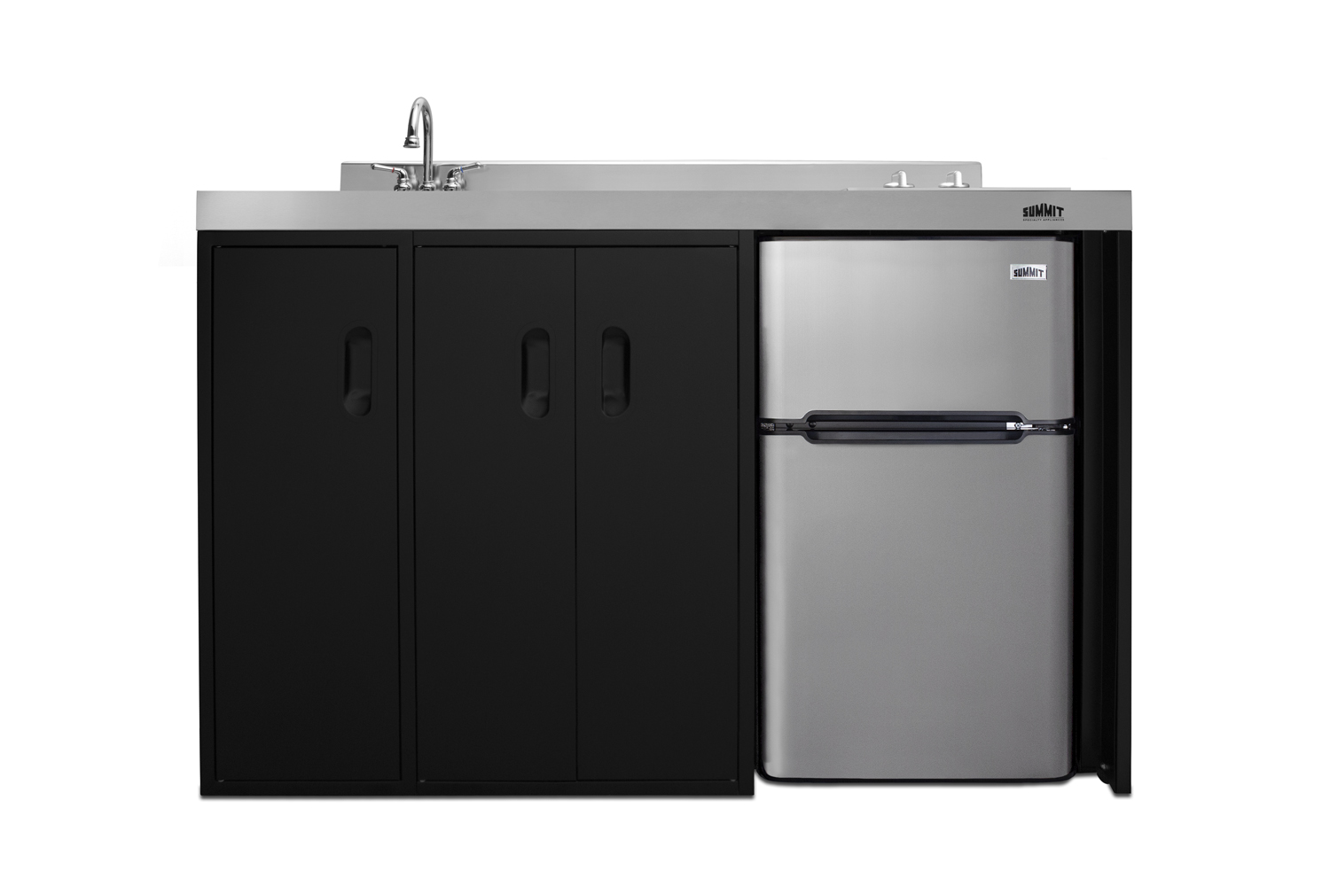 54 inch wide all-in-one kitchenette in black with a removable 2-burner 115V smooth top cooktop, 2-door refrigerator-freezer, sink, and two storage cabinets
